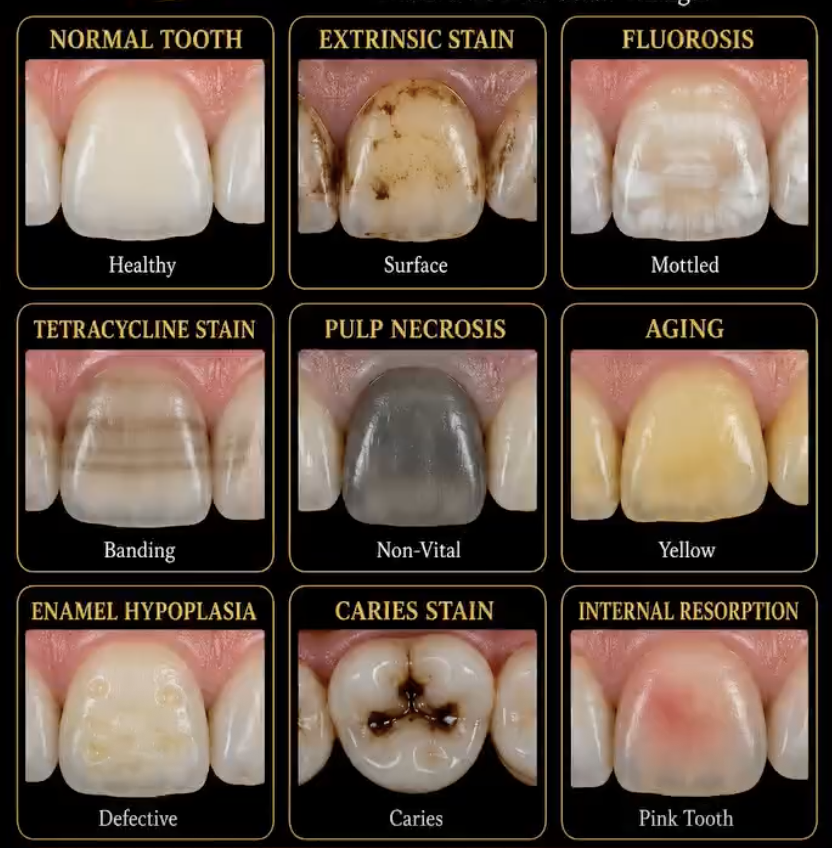 Tooth discolouration differential grid — normal, extrinsic stain, fluorosis, tetracycline stain, pulp necrosis, aging, enamel hypoplasia, caries stain, internal resorption